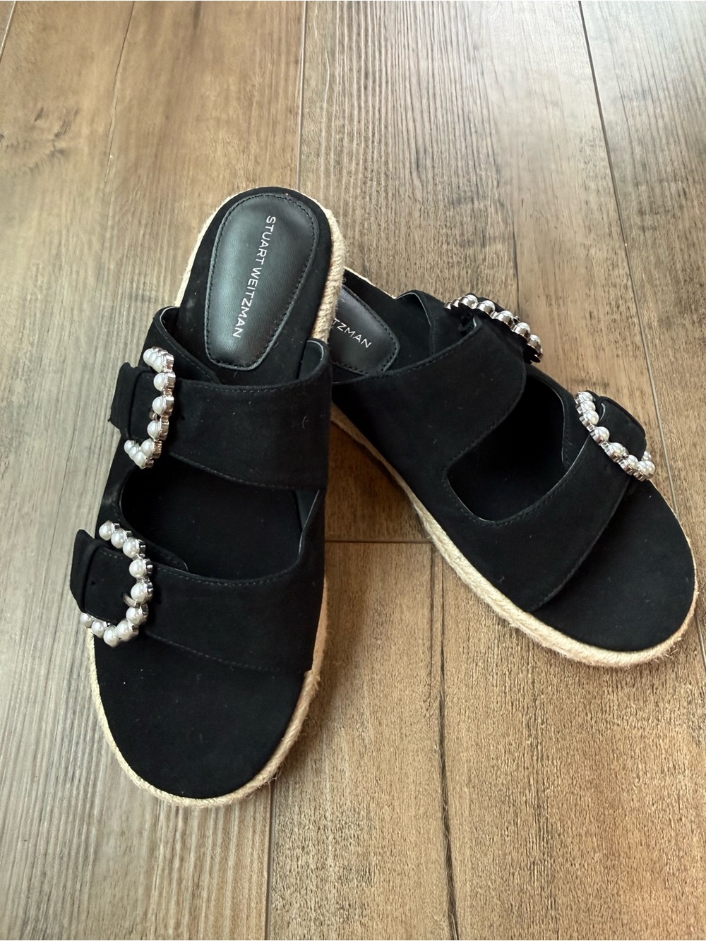 Stuart Weitzman Black Suede Pearl-Buckle Slide Sandals